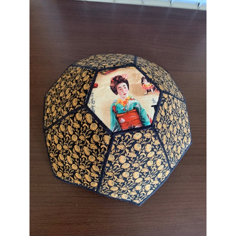 Vintage Japanese Geisha Fabric Hexagon Fabric Bowl Catchall Black Gold 8 Inch